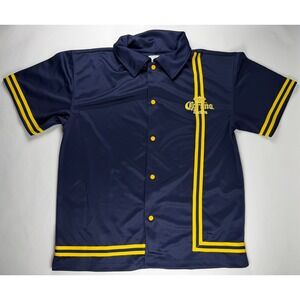 Vintage Corona Extra Bowling Shirt Men's XL‎  Navy Blue Yellow Stripe Polyester